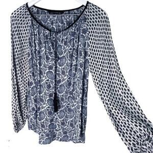 Zara Boho Paisley Peasant Tunic Top Navy Blue White S
